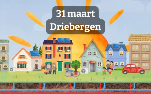Een getekende prent van een straatje woonhuizen, met auto's en mensen, gras en een boom. En een grote zon.