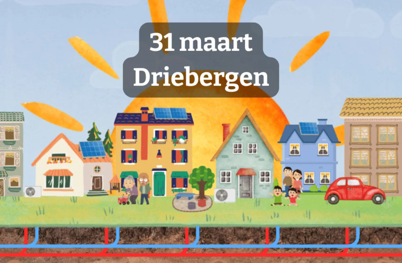 Een getekende prent van een straatje woonhuizen, met auto's en mensen, gras en een boom. En een grote zon.